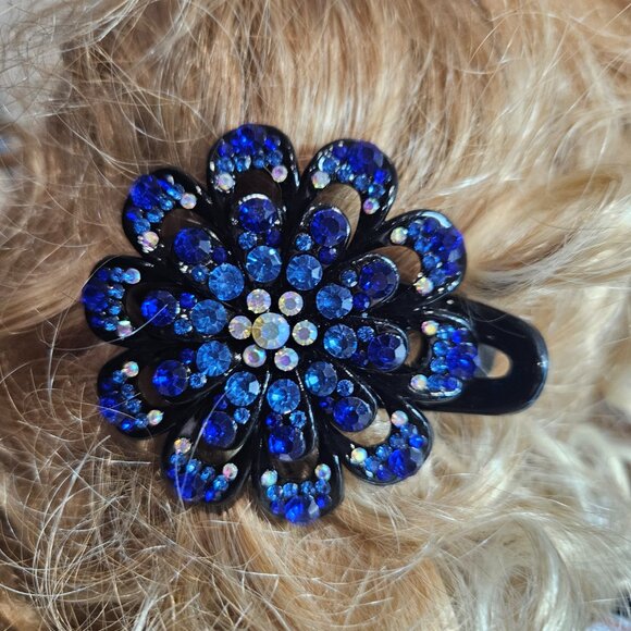 Crystal Flower Claw Hair Clip - Dark Blue - 137 crystals - Picture 11 of 12